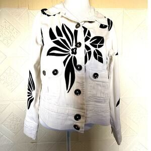 Alex Ken Large White  Jacket Denim Made in India black embroidery slight stretch